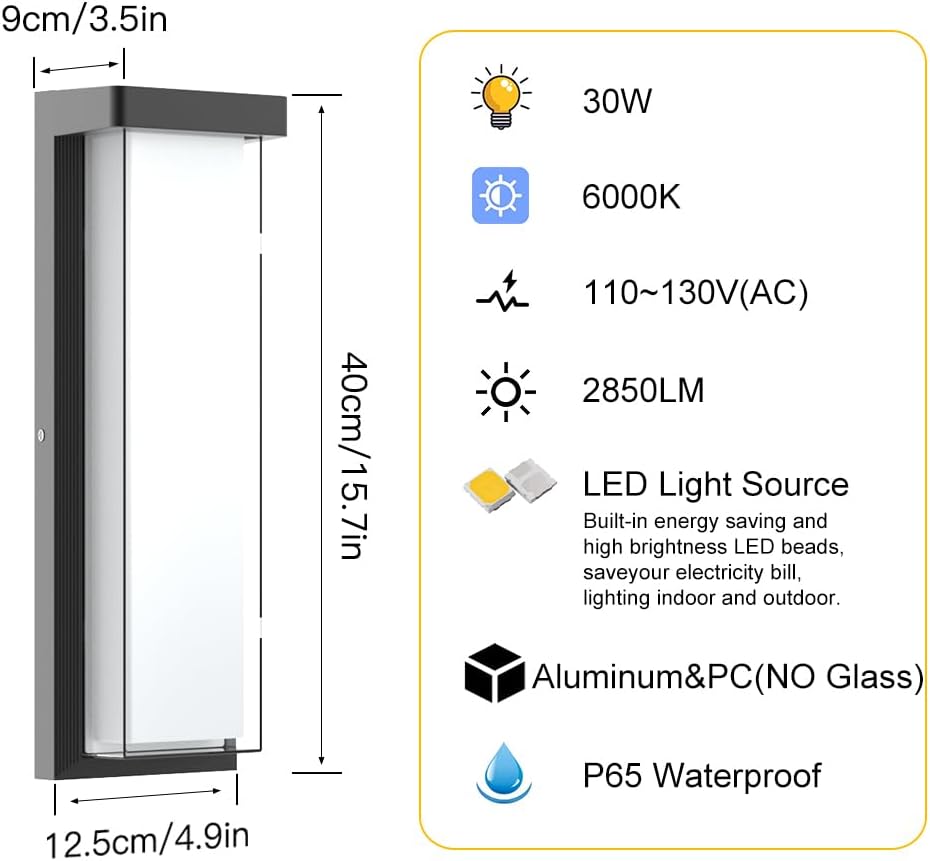 LED Outdoor Wall Light Fixture,16in Dimmable Modern Porch&Patio Wall Light Fixture,6000K Black Exterior Sconce Light Mounted for House Garage Porch Courtyard(2Packs)